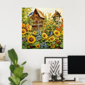 Sonnenblumengarten Vogelhäuser Blaue Vögel Poster (Heimbüro)