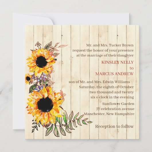Sonnenblumengelbe Rustikale Holzverheiratung Einladung (Vorderseite)