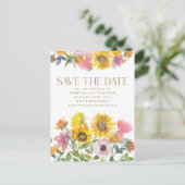 Sonnenblumengelbe Wasserfarbenhochzeit rettet das Postkarte (Stehend Vorderseite)