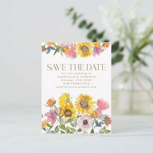 Sonnenblumengelbe Wasserfarbenhochzeit rettet das  Postkarte (Stehend Vorderseite)