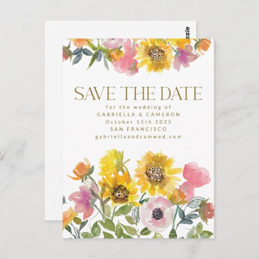 Sonnenblumengelbe Wasserfarbenhochzeit rettet das  Postkarte (Vorne/Hinten)