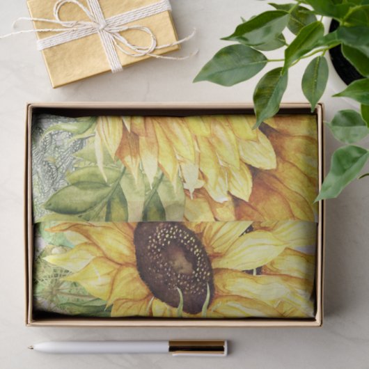 Sonnenblumengewebe mit Holzbild Seidenpapier (Geschenk)
