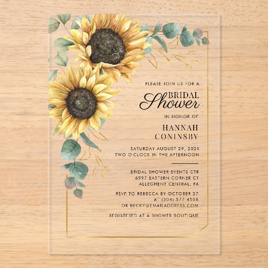 Sonnenblumengrün Brautparty Acryleinladungen (Vorderseite)