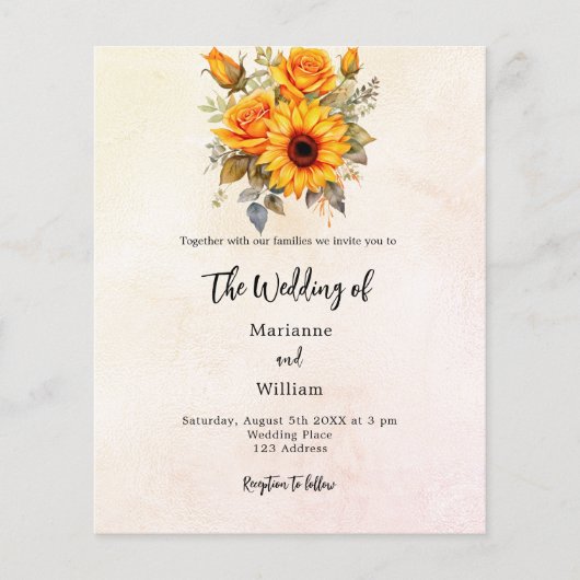 Sonnenblumengrün Budget Einladung zur Hochzeit Flyer (Vorne)