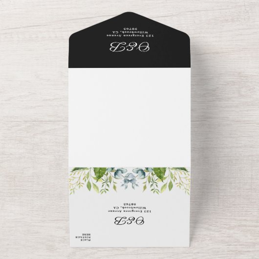 Sonnenblumengrün Foliage Schwarz-weiß Hochzeit All In One Einladung (Außenbereich)