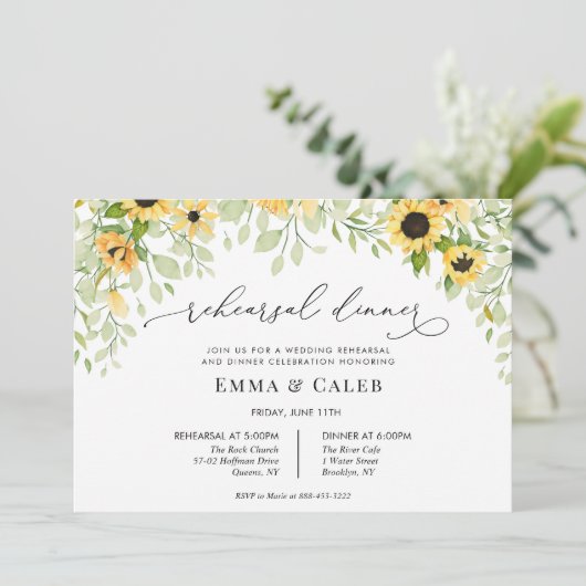 Sonnenblumengrün Probe Abendessen Einladung (Stehend Vorderseite)
