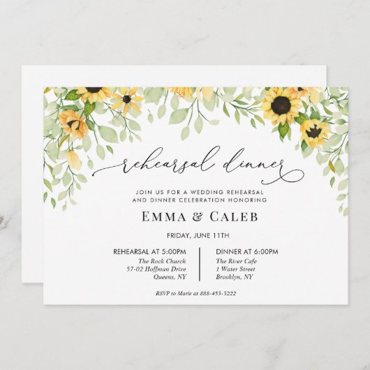 Sonnenblumengrün Probe Abendessen Einladung (Vorne/Hinten)