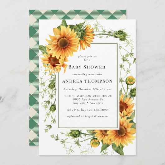 Sonnenblumengrün | Rustikale Babydusche Einladung (Vorne/Hinten)