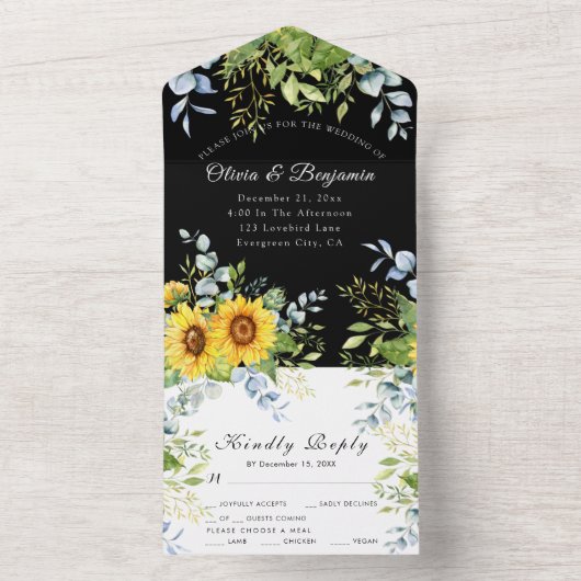 Sonnenblumengrün Schwarz und Weiß UAWG Wedding All In One Einladung (Innen Boden)