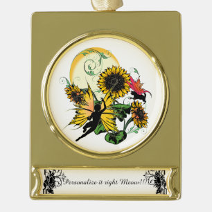Sonnenblumenhain und Kosmische Katze Banner-Ornament Gold