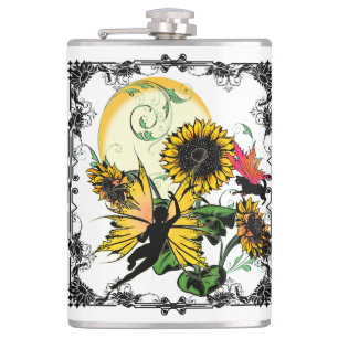 Sonnenblumenhain und Kosmische Katze Flachmann