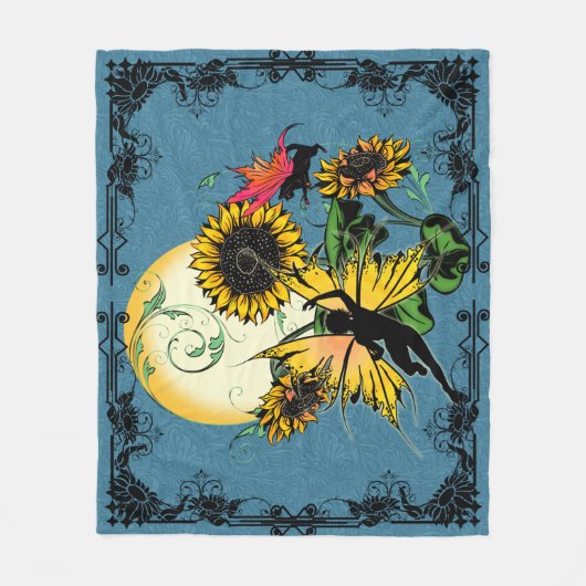 Sonnenblumenhain und Kosmische Katze Fleecedecke (Vorderseite)