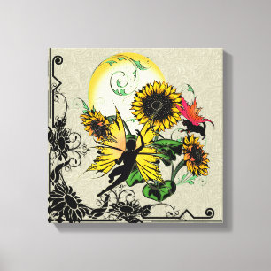 Sonnenblumenhain und Kosmische Katze Leinwanddruck