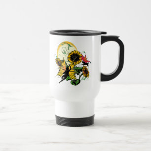 Sonnenblumenhain und Kosmische Katze Reisebecher