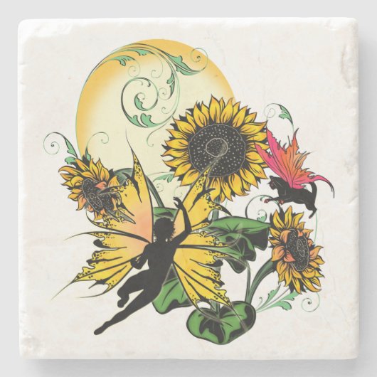 Sonnenblumenhain und Kosmische Katze Steinuntersetzer (Vorderseite)