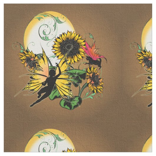 Sonnenblumenhain und Kosmische Katze Stoff (Nahaufnahme)