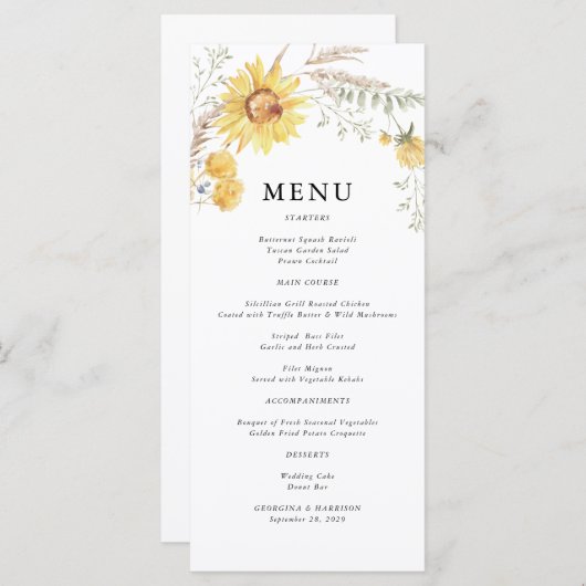 Sonnenblumenhochzeit im Spätsommer Menükarte (Vorne/Hinten)