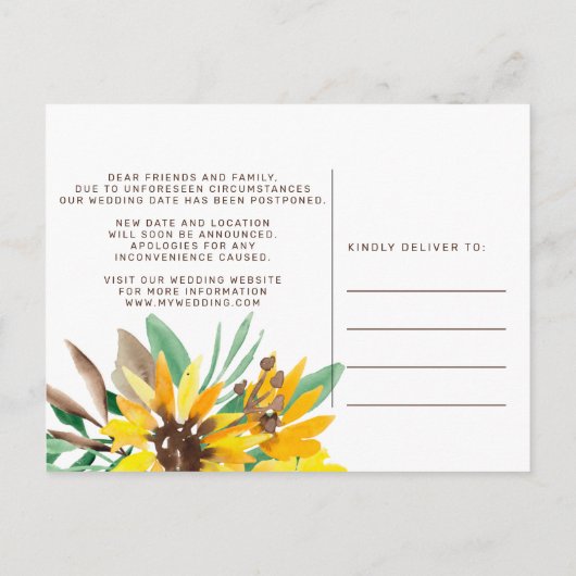 Sonnenblumenhochzeit im Wasser ändert das Datum Ankündigungspostkarte (Rückseite)