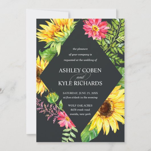 Sonnenblumenhochzeit in Gelb mit dunklem Hintergru Einladung (Vorderseite)