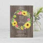 Sonnenblumenhochzeit mit Kranz auf Holzboden Einladung (Stehend Vorderseite)