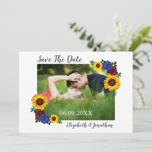 Sonnenblumenhochzeit Rose Save The Date (Stehend Vorderseite)