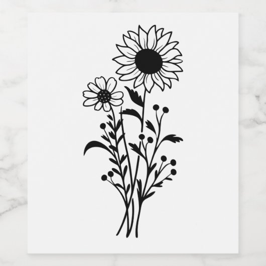 Sonnenblumenhochzeit Rustikale Wildblumen Schwarz- Weinetikett (Einzelnes Label)