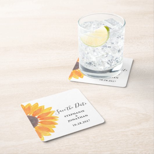 Sonnenblumenhochzeit speichert das Datum Rechteckiger Pappuntersetzer (Vor Ort)
