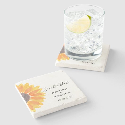 Sonnenblumenhochzeit speichert das Datum Steinuntersetzer (Seitenansicht)