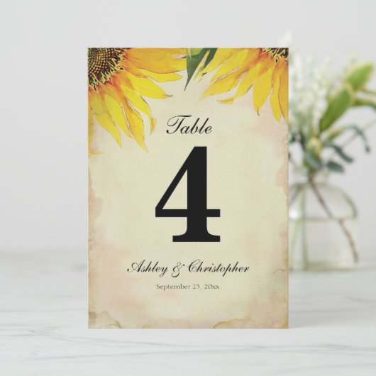 Sonnenblumenhochzeit Tischnummer Vier (Stehend Vorderseite)