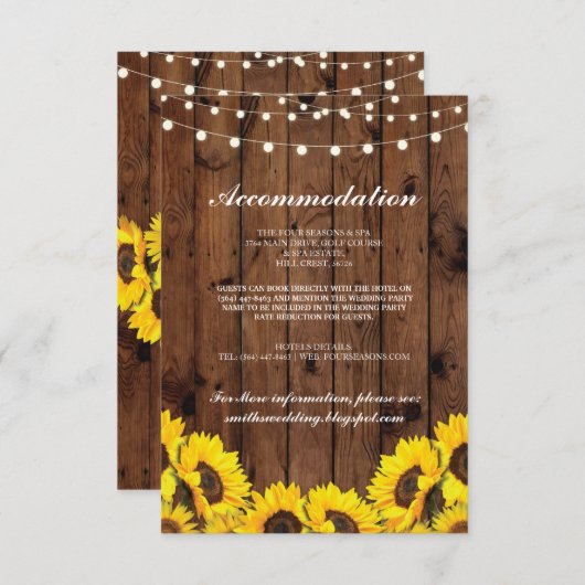 Sonnenblumenholz Rustikale Unterkunft Hochzeitskar Begleitkarte (Vorne/Hinten)