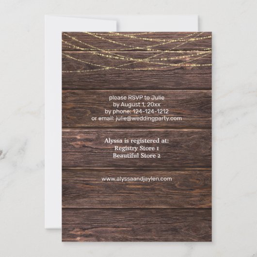 Sonnenblumenholz und Brautparty mit String Lights Einladung (Rückseite)