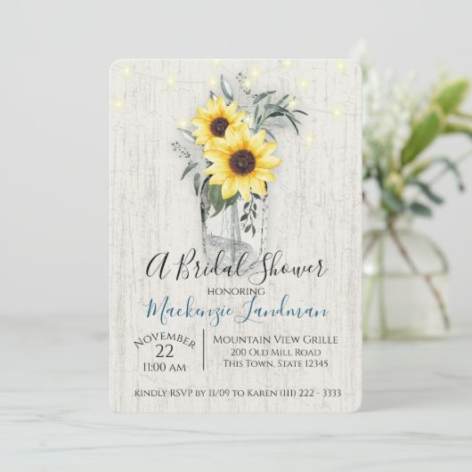 Sonnenblumenjar und Streichellichter Rustikale Hoc Einladung (Stehend Vorderseite)
