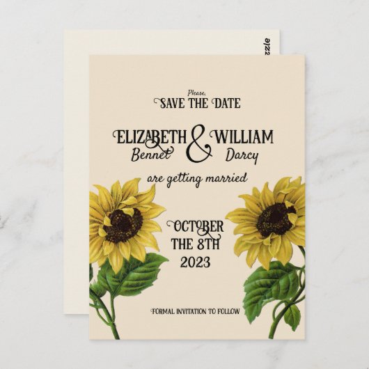 Sonnenblumenkerns Save the Date Vintag Postkarte (Vorne/Hinten)