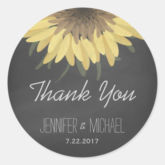 Sonnenblumenkhalkboard Rustic Wedding Vielen Dank Runder Aufkleber (Vorderseite)