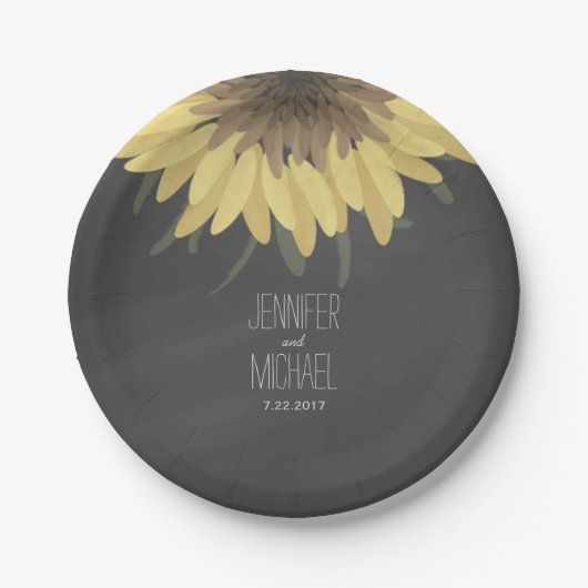 Sonnenblumenkhalkboard Rustikale Hochzeit Pappteller (Vorderseite)