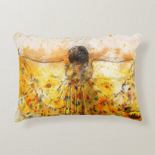Sonnenblumenkleid Aquarellkunst Dekokissen