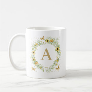 Sonnenblumenkranz mit Schmetterlingsmonogramm Kaffeetasse