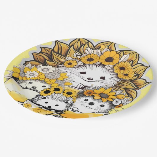 Sonnenblumenkronen Igel Picnic Pappteller (Schrägansicht)