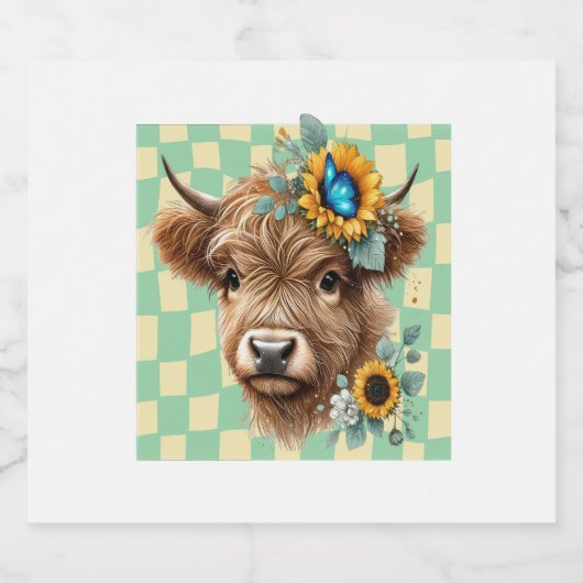 Sonnenblumenkuh, Niedliche Hochlandkuh Schaumweinetikett (Einzelnes Label)