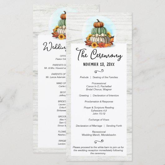 Sonnenblumenkürbis Rustikale Landfallernte Hochzei Programm (Vorne/Hinten)