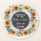 Sonnenblumenkürbis Rustikale Landfallernte Hochzei Runder Pappuntersetzer (Vorderseite)