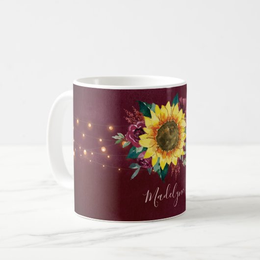 Sonnenblumenleuchten Burgundy Floral Monogram Kaffeetasse (Vorderseite Links)