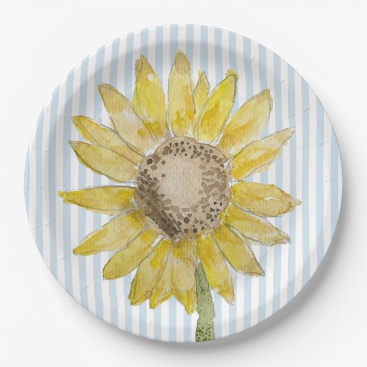 Sonnenblumenmalerei Blaue Streifen Pappteller (Vorderseite)