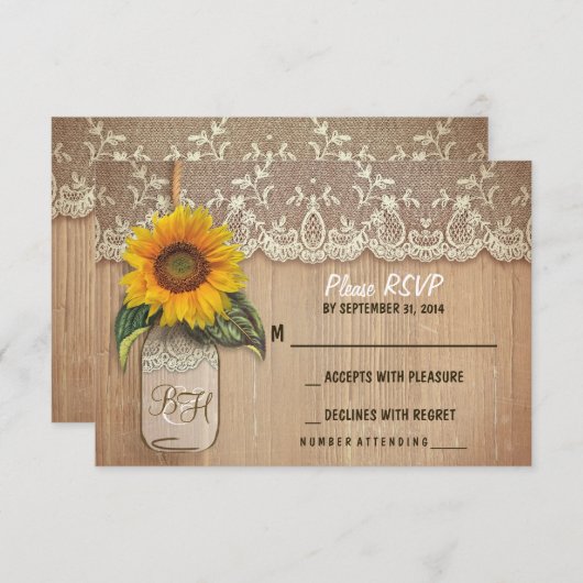 Sonnenblumenmason jar Hochzeit RSVP-Karten RSVP Karte (Vorne/Hinten)