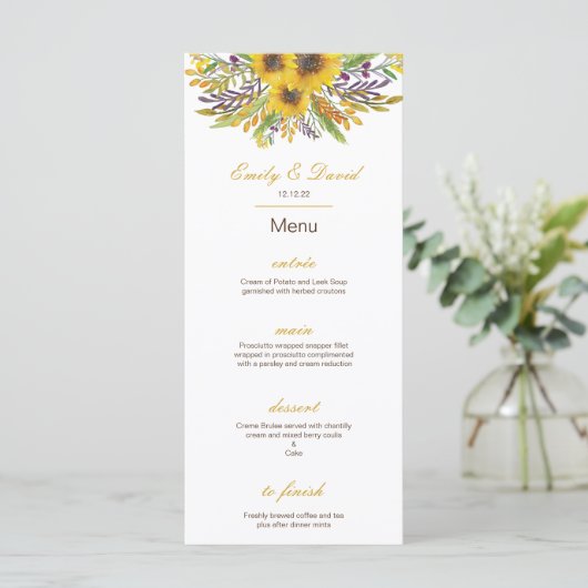 Sonnenblumenmenü, Hochzeitmenü, Babydusche Menükarte (Stehend Vorderseite)