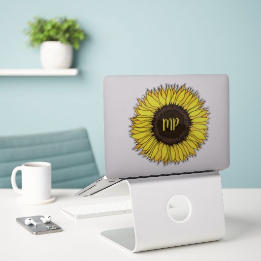 Sonnenblumenmonogramm Aufkleber (Laptop auf Schreibtisch)