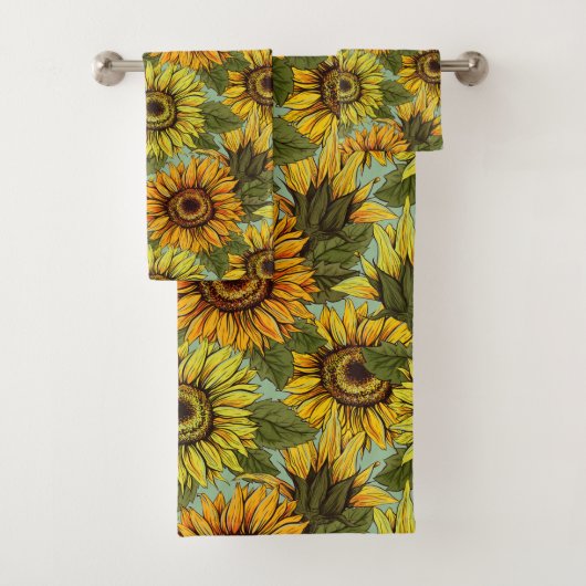 Sonnenblumenmuster mit Foliage im Hintergrund Badhandtuch Set (Insitu)