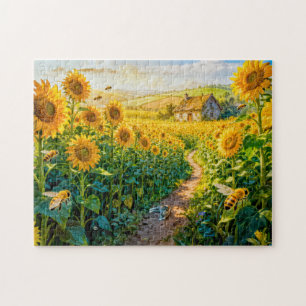 Sonnenblumenpfad-Cottage mit Katze und blühendem M Puzzle