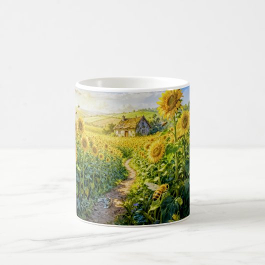 Sonnenblumenpfad-Cottage mit Katze und blühender M Kaffeetasse (Mittel)