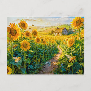 Sonnenblumenpfad-Hütte mit Katze und blühendem Mea Postkarte